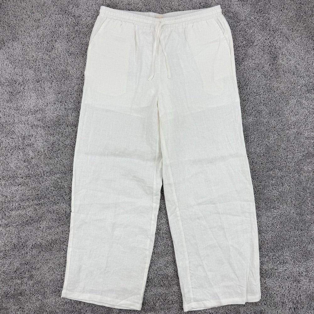 Lintico 100% Linen Pants Women's XL White Wide Leg Pull On Drawstrings Coastal